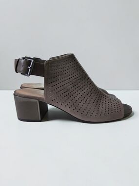 Gunmetal Darcy Gray Leather Perforated Slingback Block Heel Peep Toe Sandals 9.5